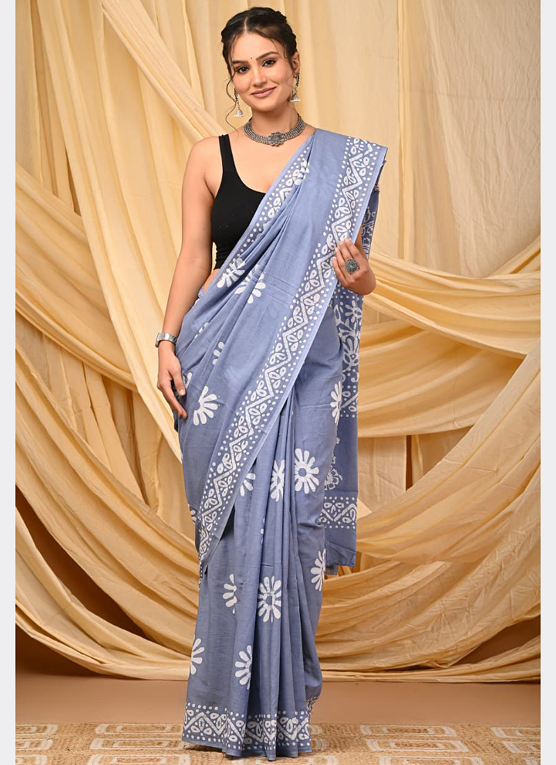 Turquoise & Orange Batik, Line Block Print Mul Cotton Saree with Blouse